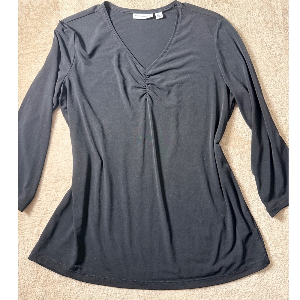 Susan Graver Black Liquid Knit V-Neck Ruched 3/4 Sleeve Top Med Basics Layer